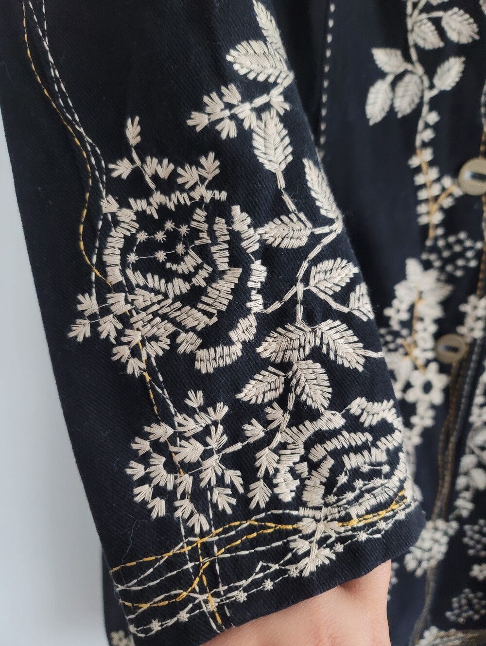 Floral Embroidered Boho Structured Coat Neutral Size Large 100% Cotton Black - Picture 7 of 12